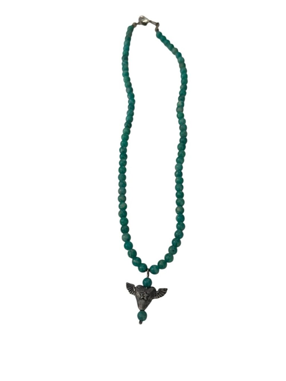 Green Beaded Winged Heart Necklace Silver Tone Artisan Style 14 Inch